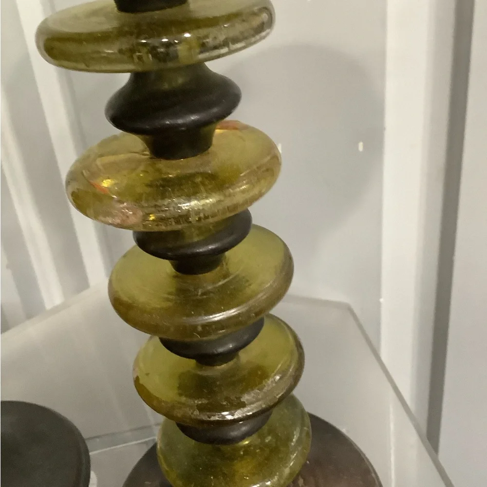 Z Gallerie Bronze and Olive Candle Hand Blown Glass Candle Sticks Holders